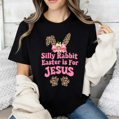Silly Rabbit, Easter Is For Jesus Leopard Print T-Shirt - Christian Easter Bunny Ears & Paws Graphic Tee, Unisex Casual Top