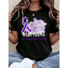 Women Casual Short Sleeve T Shirt In November We Wear Purple For Pancreatic Cancer Awareness Ribbon Graphic Digital Print Daily Wear