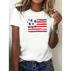 Women's Patriotic American Flag Print T-Shirt - Casual Short Sleeve Round Neck Top All-Season