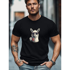 Men'S T-Shirt Men'S Sunglasses And Coffee Drinking Alpaca Pattern Summer Casual Round Neck Short Sleeve T-Shirt
