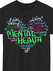 I Am Loved I Am Worthy Mental Health Awareness Positive Affirmation Graphic Tee for Men Women, Green Ribbon Self Care Short Sleeve T-Shirt, Casual Crew Neck Top for Wellness Advocate Gift