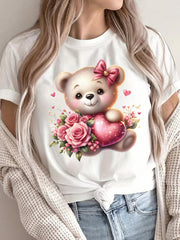 Women'S Pink Heart Bear & Rose Graphic T-Shirt