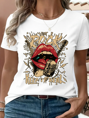 Women's Vintage Rock Music Graphic T‑Shirt, Retro Lips Microphone Guitar Rock‑n‑Roll Print Crew Neck Short Sleeve Casual Summer Tee