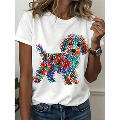 Womens Graphic Tee Rainbow Line Puppy Print Casual Design T Shirt Streetwear Style Crewneck Short Sleeve Soft Cotton Breathable Comfortable Fit Loose Fit Daily Wear Pet Lover Cute Trendy Aesthetic Fashion Top