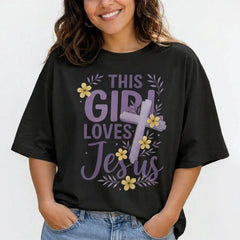 This Girl Loves Jesus Shirt Women Plus Size Christian Faith Graphic Tee Floral Cross Top