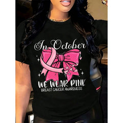 October Breast Cancer Awareness Women's T-Shirt Casual Top In October We Wear Pink Ribbon Bow Graphic Print Short Sleeve Crew Neck Daily Wear