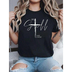 Be Still And Know Inspirational Christian Jesus T-Shirt For WoWomen Print Shirts Print Crew Neck T-Shirt, Women Graphic T Shirts, Casual Short Sleeve TShirt, Women's Clothing
