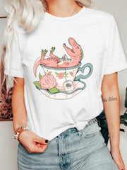 Cute Dinosaur Tea Cup Rose Floral Graphic T‑Shirt for Women, Whimsical Fun Short Sleeve Crewneck Casual Tee Top