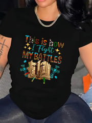 Women's Stylish Crew-Neck T-Shirt with Colorful English Letter and Book Print – Casual Short-Sleeve Top for Spring and Summer