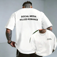 Men's black and white patterned T-shirt, 'Social Media Killed Romance', double-sided print men's fashion clothing