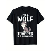Funny "I'm a Wolf Trapped in a Human Body" Graphic T-Shirt - Casual Short Sleeve Round Neck Tee with Cartoon Wolf Design, Soft Breathable Fabric, Machine Washable, Black