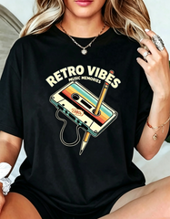 Women's Retro 80s Nostalgia Graphic T‑Shirt, Cassette Tape & Pencil Print with Retro Cassette 80s Music Good Vibes Slogan, Crew Neck Loose Fit Short Sleeve Casual Summer Tee