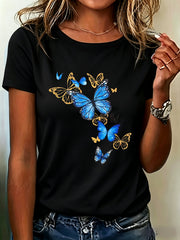 Women's Blue Butterfly Graphic T-Shirt, Casual Crew Neck Short Sleeve Tee, Vintage Butterfly Print Summer Top, Soft Breathable Everyday Fashion Shirt
