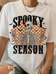 Skull and Letter Printed Casual T-shirt, Round Neck Short Sleeved Top