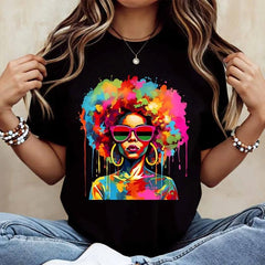 Colorful Afro Woman With Sunglasses Print T Shirt White Casual Loose Fit For Everyday Wear And Leisure Activities