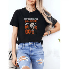 Just Waiting for Halloween Graphic T-Shirt - Unisex Casual Short Sleeve Tee with Jack-O'-Lantern & Pumpkin Design, Breathable Round Neck, Perfect for Summer, Halloween, and Casual Attire, Ideal Gift for Men and Women, Halloween T