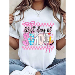 Women T Shirt First Day Of School Printed Design With Pink Bow And Checkered Pattern Crew Neck Casual Top For Back To School Gift