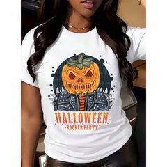Women Casual Graphic Tee Halloween Rocker Party Pumpkin Skull Print Short Sleeve Top Autumn Festival Gift For Girls Friends