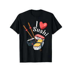I Love Sushi Cute Kawaii Cartoon Graphic T-Shirt, Unisex Soft Cotton Crew Neck Tee, Funny Japanese Food Novelty Gift For Sushi Lovers Asian Cuisine Fans Casual Daily Wear