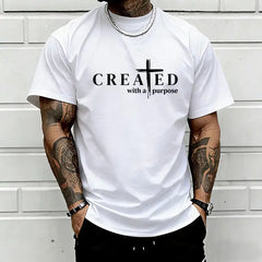 Men’s "Created with a Purpose" Christian graphic T-shirt, cross faith quote print tee, casual crew neck, perfect for church outfits, faith wear, and streetwear.,summerwins,father'sdaygifts