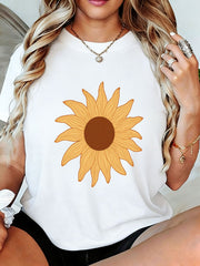 Sunflower Graphic Print T-Shirt for Women - Casual Short Sleeve Crew Neck Top with Large Yellow Orange Flower Design - Perfect Gift for Mom Wife Girlfriend Family and Friends