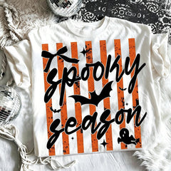 Spooky Season Halloween Graphic Tee Striped Bow Bat Print Cute Ghost Retro Holiday Short Sleeve Crewneck T-Shirt Aesthetic Top