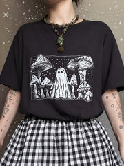 Cute Ghost Mushroom T-Shirt Vintage Linocut Halloween Tee Witchy Aesthetic