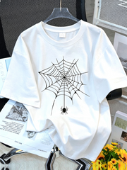 Spider Web T-Shirt Halloween Tee Simple Line Art Spider Graphic Top