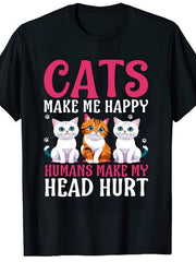 Funny Cats Make Me Happy Humans Make My Head Hurt Graphic Tee for Men Women, Funny Cat Lover Short Sleeve T-Shirt, Casual Crew Neck Top for Daily Wear