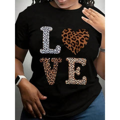 Ladies Leopard Print Love Pattern T-Shirt-Brown Black Animal Print Top Daily Casual Valentine's Day Wear-Machine Washable Round Neck Short Sleeve