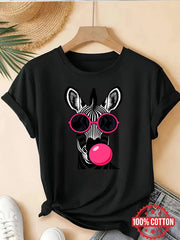 Women's Zebra Wearing Pink Fashion Glasses Blowing Bubble Gum Printed Graphic T-shirt Women Funny Tee