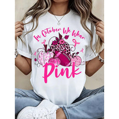 Women Breast Cancer Awareness In October We Wear Pink Pumpkin Football Graphic Tee Casual Short Sleeve Top Fall Charity Support Gift