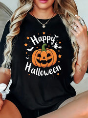 Women's Happy Halloween Pumpkin Witch Bat Graphic T-Shirt, Casual Short Sleeve Crew Neck Fall Tee