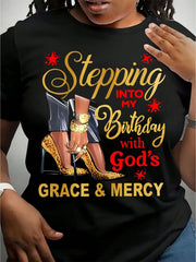 Stepping Into My Birthday With God's Grace And Mercy Christian Faith Graphic Tee for Men Women, Inspirational Birthday Short Sleeve T-Shirt, Casual Crew Neck Top for Birthday Gift