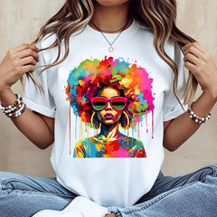 Colorful Afro Woman With Sunglasses Print T Shirt White Casual Loose Fit For Everyday Wear And Leisure Activities