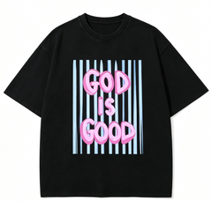 Unisex Graphic T‑Shirt, God Is Good White Outline Street Art Font Print Crew Neck Short‑Sleeve Tee, Loose‑Fit Breathable Cotton Daily Streetwear Apparel for Men Women