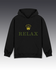 DIYANYONE Original "RELAX" Crown Hoodie - Heavyweight Cotton Blend Pullover, Luxury Parody Wellness Graphic Hoodies