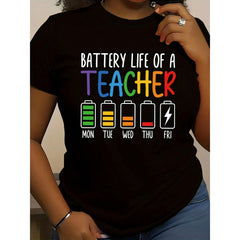 Women'S Teacher Battery Life Pattern T-Shirt- Soft, Women's Casual Crew Neck Top, Suitable For All Seasons, Birthday Easter Mother's Day Gift