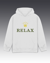 DIYANYONE Original "RELAX" Crown Hoodie - Heavyweight Cotton Blend Pullover, Luxury Parody Wellness Graphic Hoodies