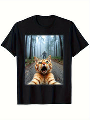 Men'S Funny Cat Selfie & Sasquatch Graphic Tee, Crew Neck Short Sleeve, Weekend Casual Wear, Summer All-season Casual Wear
