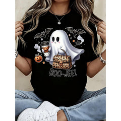 Women's Funny Halloween Ghost T Shirt Boo Jee Leopard Bag Graphic Tee White Short Sleeve Casual Top Fall Party Outfit