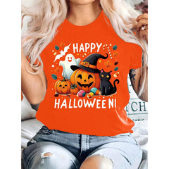 Plus Size, Women's Plus Size Halloween Witch & Pumpkin Print T-Shirt - Oversized Short Sleeve Round Neck Casual Top With Happy Halloween Bats, Witches