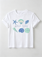 Beach Vibes Graphic T-Shirt - Casual White Tee with Rolled-Up Sleeves, Colorful Sea Creatures Design Including Starfish and Shells, Perfect Summer Top