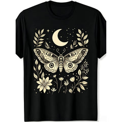 Men'S Bohemian Moth Celestial & Stars T-Shirt Soft Black Relaxed Fit Tee - Gothic Grunge Witchy Top for Halloween, Festivals, Daily Wear - Machine Washable, Vintage Style, Comfortable Material, Statement Item, Festival Attire