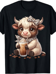 Cute Scottish Highland Cow Leopard Bow Iced Coffee Graphic T-Shirt, Unisex Cotton Crew Neck Short Sleeve Tee, Funny Farm Animal Casual Novelty Shirt, Gift For Cow And Coffee Lovers