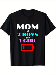 Mom of 2 Boys and 1 Girl T-Shirt Funny Low Battery Tired Mom Tee Parenting Humor Graphic Top