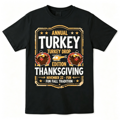 Men Women Vintage Thanksgiving Turkey Drop Graphic T‑Shirt, Cartoon Turkey & Helicopter Print Casual Crew Neck Black Short Sleeve Tee for Fall Holiday Wear