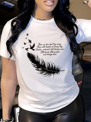 Women Inspirational Memorial Tee, Those We Love Don’t Go Away Quote Feather Bird Graphic Short Sleeve Crew Neck T‑Shirt