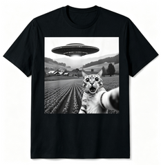 Funny Cat Graphic T-Shirt, Retro UFO Selfie Print Short Sleeve Tee for Men Women, Casual Alien Theme Shirt