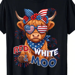 Patriotic Highland Cow April 7th Pattern Women's T-Shirt, 100% Cotton, Fashionable And Hem, American Independence Day And Other Holidays.